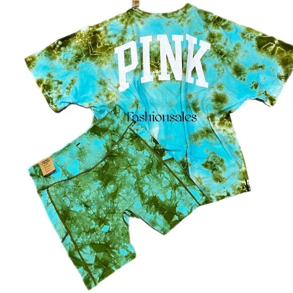 Victorias Secret Pink Set Varsity Crew Tee XL & Bike Shorts XXL Green Tie Dye - Picture 1 of 5